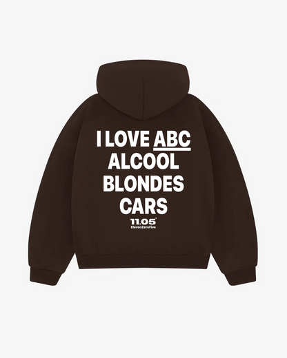"I love ABC Alcohol Blondes Cars" Comfy Hoodie